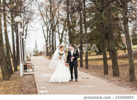 happy bride and groom walking in the autumn park happy bride and groom walking in the autumn park 25400893
