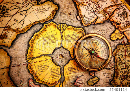 Vintage compass lies on the ancient map  25401114