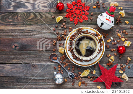 Christmas wooden background with cup of coffee 25401862