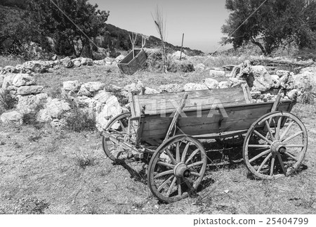 Empty old rural wooden wagon, black and white 25404799