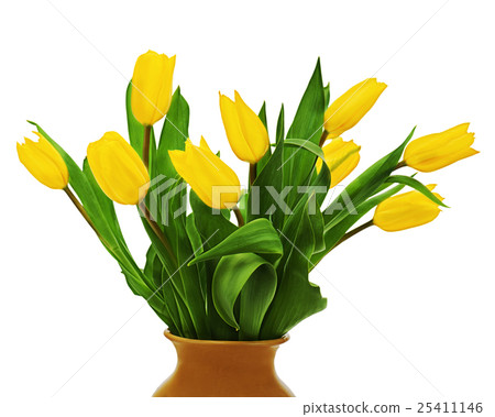 Flower bouquet from yellow tulips in brown vase i Flower bouquet from yellow tulips in brown vase i 25411146