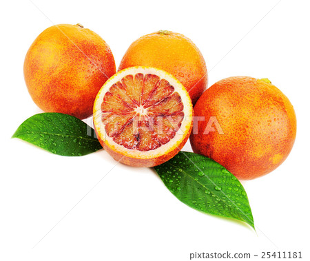 Ripe red blood oranges with cut and green leaves Ripe red blood oranges with cut and green leaves 25411181