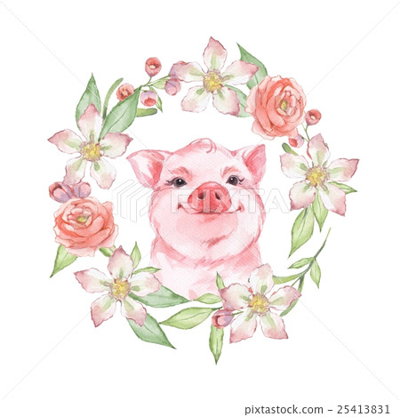 Happy pig. Watercolor illustration with flowers 25413831