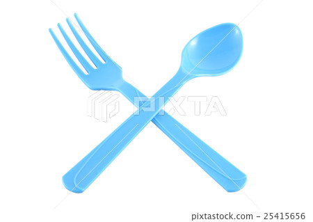 Cross blue plastic spoon and fork. Cross blue plastic spoon and fork. 25415656