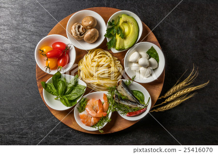 Italian food ingredients raw pasta Raw pasta and Italian ingredients 25416070