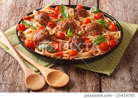 Homemade spaghetti with meatballs and tomato Homemade spaghetti with meatballs and tomato 25419785