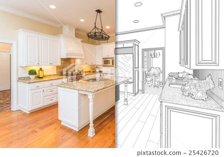 Split Screen Of Drawing and Photo of New Kitchen 25426720