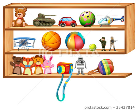 Wooden shelf full of toys Wooden shelf full of toys 25427814