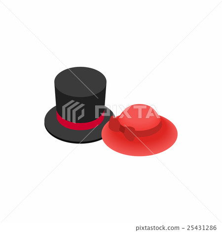Top hat with red ribbon and red female hat icon - Stock Illustration ...