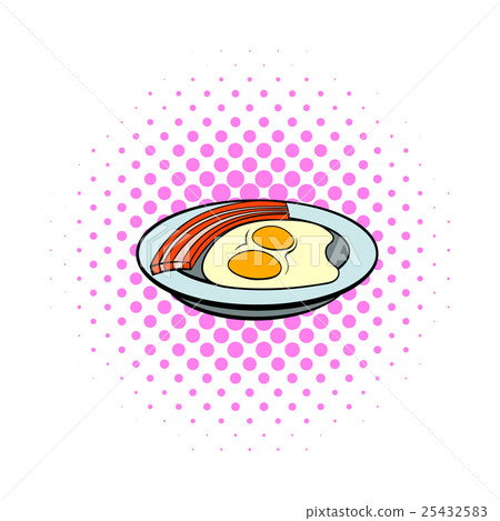 Fried eggs and sausages icon, comics style 25432583