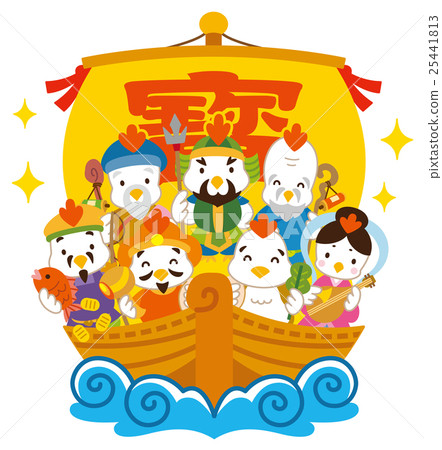 Seven Lucky Shrines Rooster Ship Stock Illustration