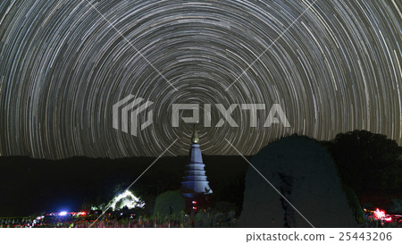 view of buddhist pagoda and startrail in galaxy 25443206