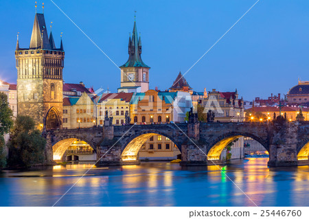 Famous Prague Landmarks - towers and bridge, night 25446760
