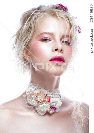 Beautiful blond fashion girl with flowers on neck 25449989
