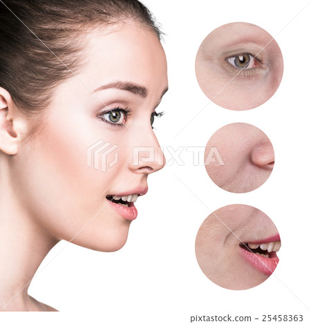 Beautiful young woman face with zoom wrinkles Beautiful young woman face with zoom wrinkles 25458363