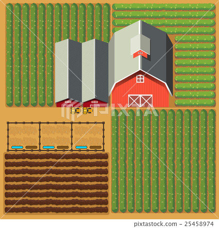 Aerial view of farmland with barns and crops Aerial view of farmland with barns and crops 25458974