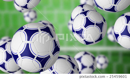 Multiple football balls falling against gate and Multiple football balls falling against gate and 25459601