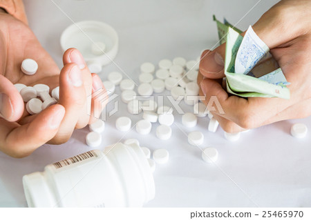 Hands holding analgesic medicine scattered Hands holding analgesic medicine scattered 25465970