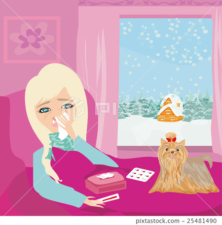 sick girl lying in bed 25481490