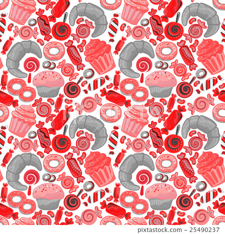 Cute seamless pattern with sweets and desserts - Stock Illustration ...