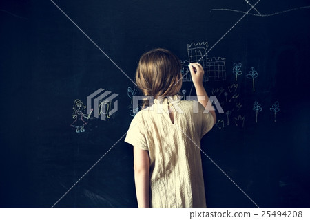 Girl Drawing Blackboard Chalk Concept Girl Drawing Blackboard Chalk Concept 25494208