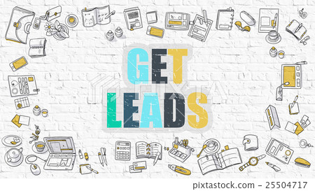 Multicolor Get Leads on White Brickwall. Doodle 25504717