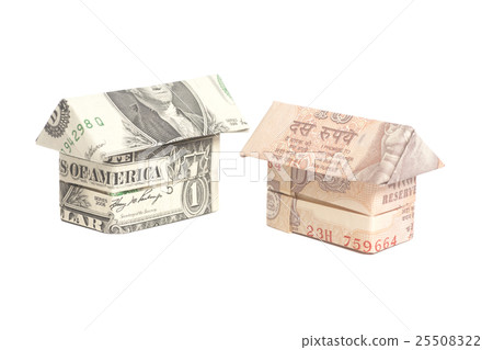 Origami house made of 100 dollar and Indian rupee Origami house made of 100 dollar and Indian rupee 25508322