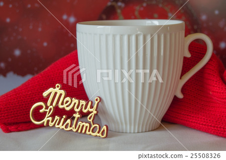 White Cup of coffee and a knitted red scarf, the White Cup of coffee and a knitted red scarf, the 25508326