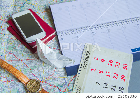 Diary and calendar with clock, passport, card Diary and calendar with clock, passport, card 25508330