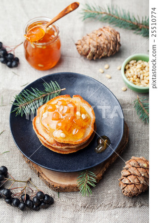 Christmas winter pancakes with pear, tangerine jam 25510774