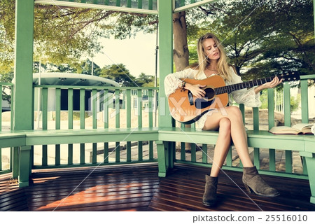 Guitar Girl Relaxation Casual Instrument Leisure Concept 25516010