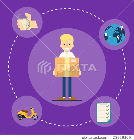 Fast delivery banner. Postman with cardboard box 25519369