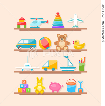 Set of Colorful Children Toys on Shelf. Cartoon 25519505