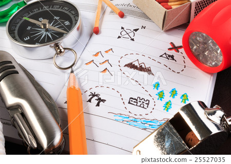 A set of various camping equipment. 25527035