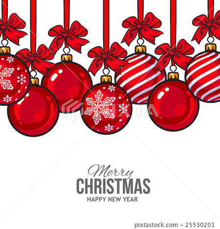 Red Christmas balls with ribbon and bows, greeting Red Christmas balls with ribbon and bows, greeting 25530201