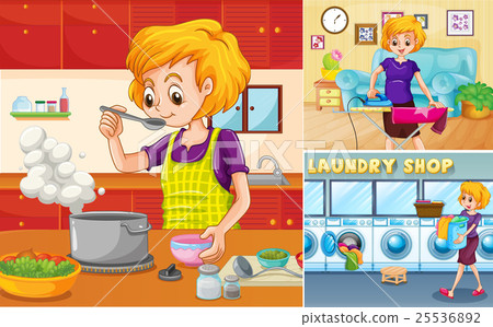 圖庫插圖: housewife doing different chores in the house