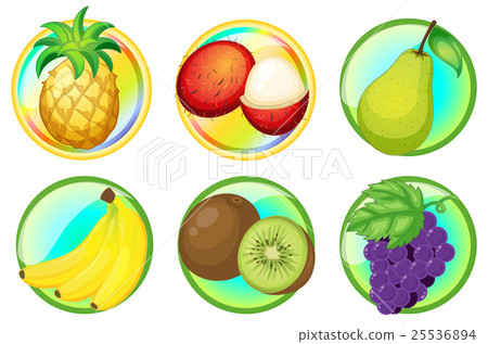 Fresh fruits on round badges 25536894