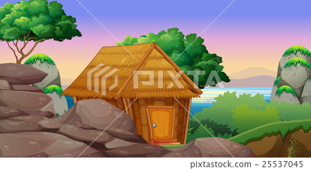 Nature scene with hut by the lake Nature scene with hut by the lake 25537045
