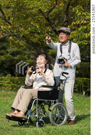 享受愛好的照片丈夫享受坐在輪椅上的老年妻子 25541907
