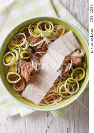 Korean beef ribs soup, noodles, leeks and daikon 25542228