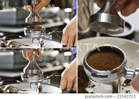 Barista using a tamper to press ground coffee Barista using a tamper to press ground coffee 25542723