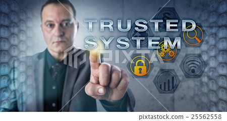 Male Security Expert Touching TRUSTED SYSTEM 25562558