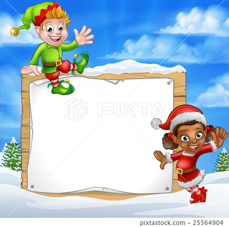 Christmas Elf Cartoon Characters Snow Sign 25564904