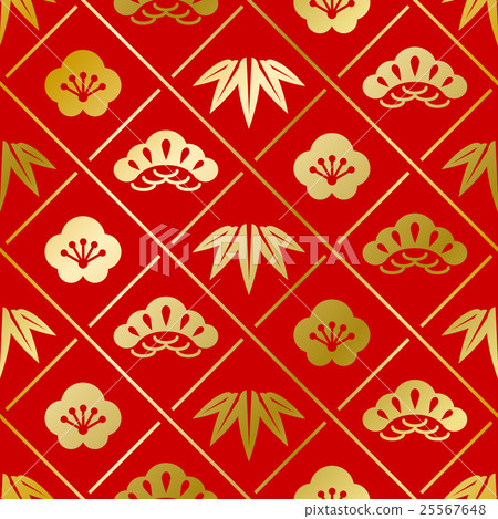 松竹梅花紋01金紅色 25567648