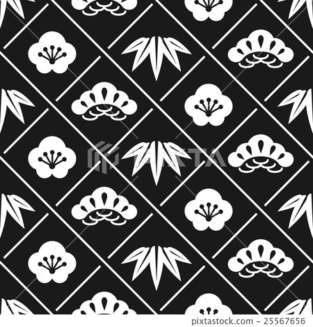 松竹梅花紋09黑色和白色 25567656