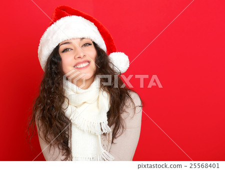 girl in santa hat portrait, new year holiday girl in santa hat portrait, new year holiday 25568401