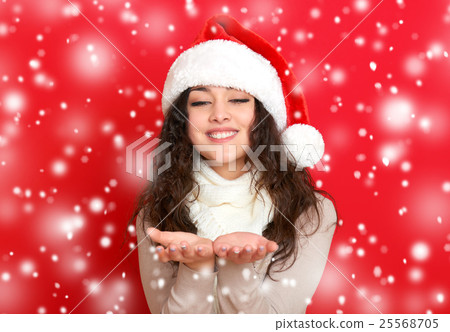 girl in santa hat portrait on red color background girl in santa hat portrait on red color background 25568705