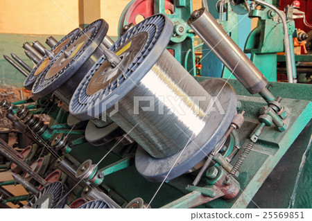 Steel wire spools of Braiding machine closeup. Steel wire spools of Braiding machine closeup. 25569851