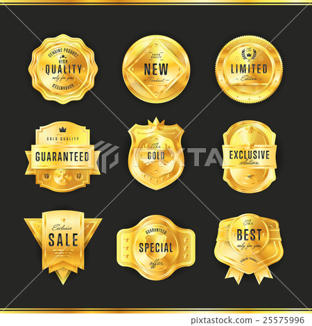 Gold badge with black text vector isolated 25575996