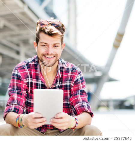 Young Man Headphone Listening Music Concept. 25577643